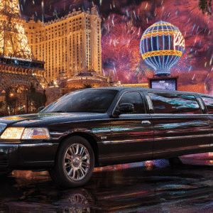 Limousine noire de luxe sur le Strip de Las Vegas, devant la Tour Eiffel illuminée et des feux d'artifice