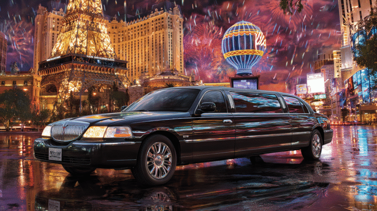 Limousine noire de luxe sur le Strip de Las Vegas, devant la Tour Eiffel illuminée et des feux d'artifice